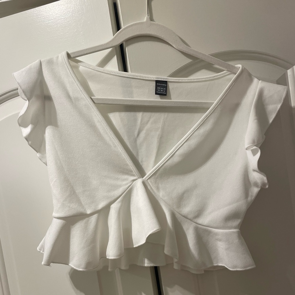 Shein white V-neck ruffle top